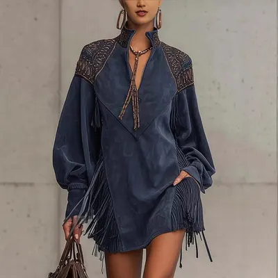 Boho Style Blue Fringe Dress