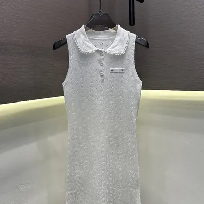 White Knit Sleeveless Dress With Peter Pan Collar