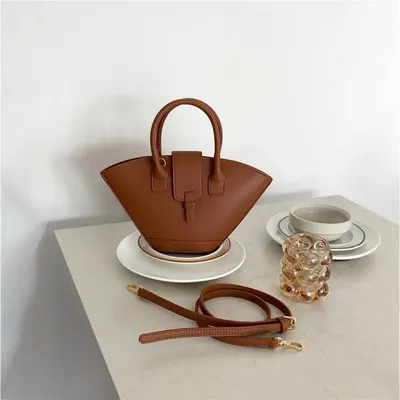 Leather Fan Shape Brown Handbag