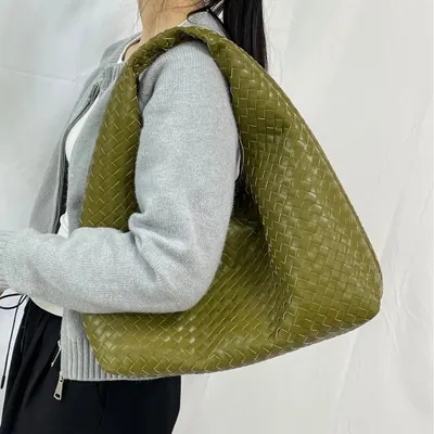 Woven Leather Olive Green Tote Bag