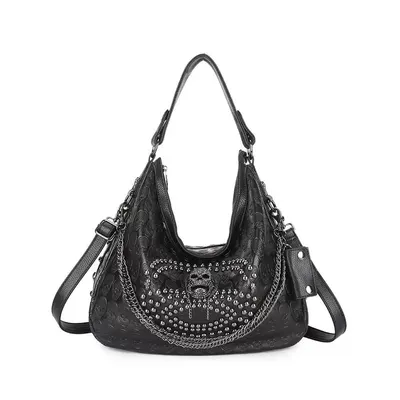 Black Skull Embossed Hobo Handbag